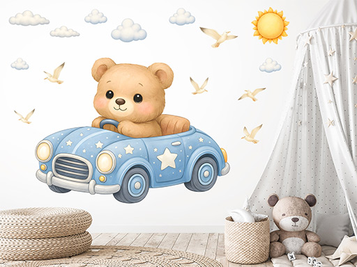 Medvídek v autíčku samolepky na zeď, Méďa v autíčku nálepky na stěnu, Medvěd v autíčku dekorace na zdi, Medvídek v autíčku tapety na zdi