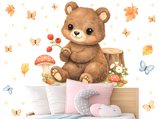 Medvídek z lesa samolepky na zeď, Medvídek z lesa nálepky na zeď pro děti, Medvídek z lesa dětské dekorace na zeď, Medvídek z lesa samolepící nálepky na zeď
