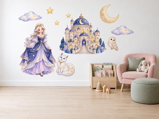 Měsíční princezna a hvězdný zámek samolepky na zeď, Měsíční princezna a hvězdný zámek tapety na zeď, Měsíční princezna a hvězdný zámek dekorace na zeď, Měsíční princezna a hvězdný zámek nálepky na zeď