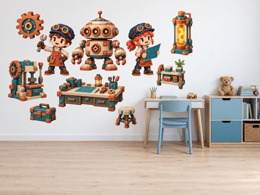 Minecraft Malí vynálezci a robot v dílně