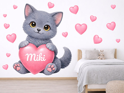 Modré koťátko se srdíčkem a jménem