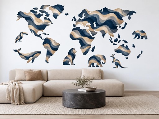 Modrobéžová mapa světa se zvířaty