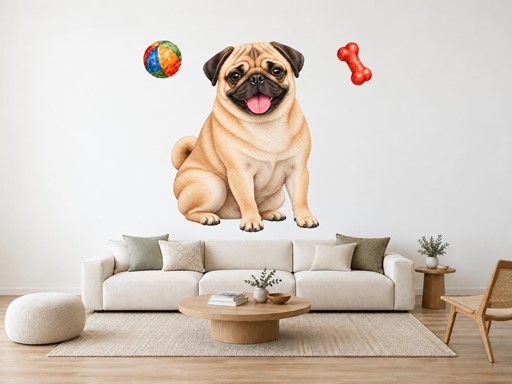 Mops s míčkem a kostí samolepky na zeď, Mops s míčkem a kostí tapety na zeď, Mops s míčkem a kostí dekorace na zeď, Mops s míčkem a kostí nálepky na zeď