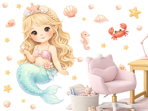 Mořská víla samolepka na zeď, Mořská víla nálepky na zeď, Mořská víla dekorace na stěnu, Mořská víla samolepící dekor na stěny, Mořská víla samolepící tapety na zeď