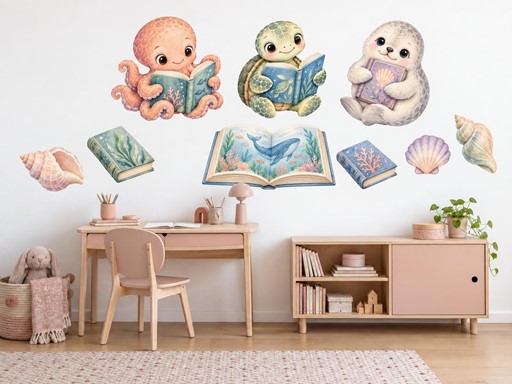 Mořská zvířátka s knížkami samolepky na zeď, Mořská zvířátka s knížkami tapety na zeď, Mořská zvířátka s knížkami dekorace na zeď, Mořská zvířátka s knížkami nálepky na zeď