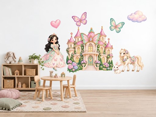 Motýlí princezna a zámek samolepky na zeď, Motýlí princezna a zámek tapety na zeď, Motýlí princezna a zámek dekorace na zeď, Motýlí princezna a zámek nálepky na zeď