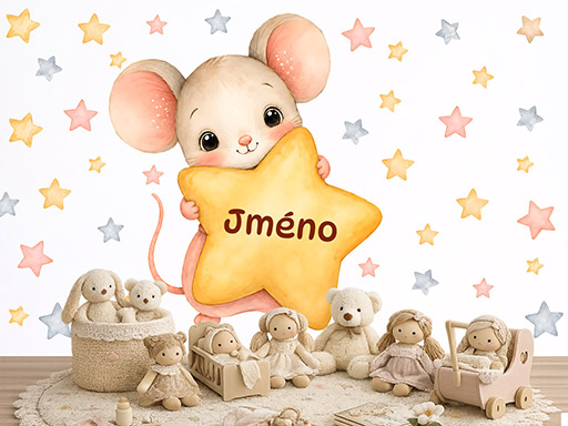 Myšička s hvězdičkou a jménem samolepky na zeď, Myšička s hvězdičkou a jménem tapety na zeď, Myšička s hvězdičkou a jménem dekorace na zeď, Myšička s hvězdičkou a jménem nálepky na zeď
