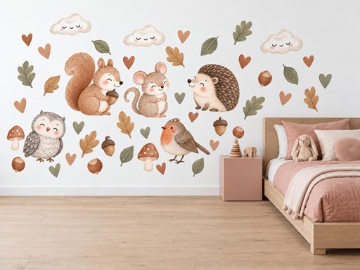 Myška a lesní kamarádi s oříšky samolepky na zeď, Myška a lesní kamarádi s oříšky tapety na zeď, Myška a lesní kamarádi s oříšky dekorace na zeď, Myška a lesní kamarádi s oříšky nálepky na zeď