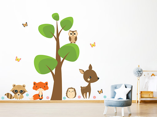 Obrovský strom a zvířátka samolepky na zeď, Obrovský strom a zvířátka nálepky na zeď pro děti, Obrovský strom a zvířátka dětské dekorace na zeď, Obrovský strom a zvířátka samolepící nálepky na zeď