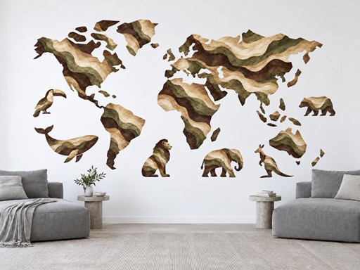 Olivová mapa světa se zvířaty samolepky na zeď, Olivová mapa světa se zvířaty tapety na zeď, Olivová mapa světa se zvířaty dekorace na zeď, Olivová mapa světa se zvířaty nálepky na zeď
