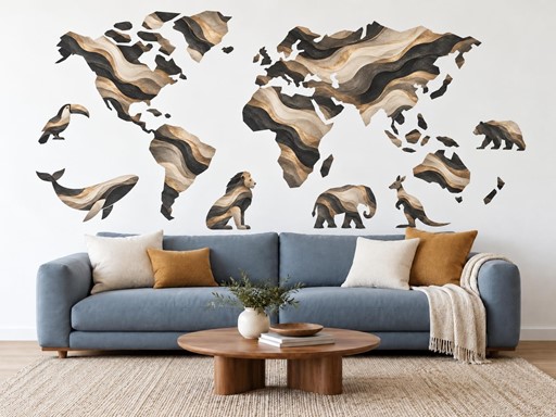 Onyxová mapa světa se zvířaty samolepky na zeď, Onyxová mapa světa se zvířaty tapety na zeď, Onyxová mapa světa se zvířaty dekorace na zeď, Onyxová mapa světa se zvířaty nálepky na zeď