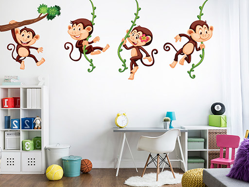 Opičky na liánách samolepky na zeď, Opičky na liánách nálepky na zeď pro děti, Opičky na liánách dětské dekorace na zeď, Opičky na liánách samolepící nálepky na zeď