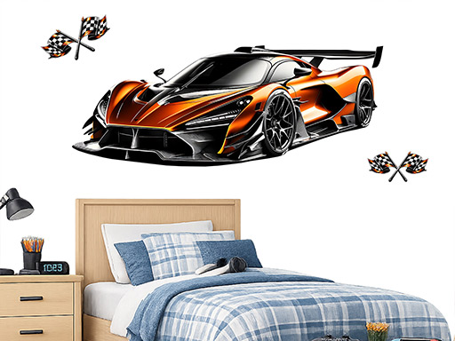 Oranžový sporťák samolepky na zeď, Oranžový sporťák nálepky na stěnu, Oranžový sporťák dekorace na zdi, Oranžový sporťák tapety na zdi