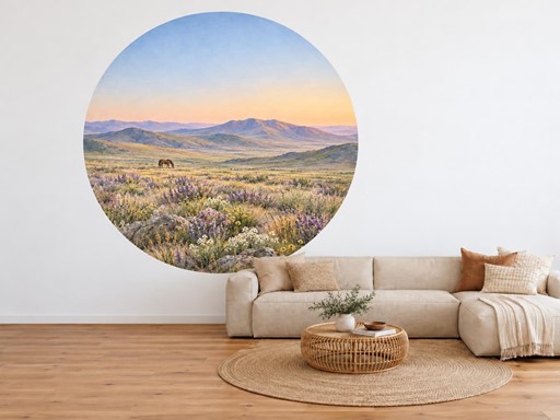 Osamělý kůň v kvetoucí stepi samolepky na zeď, Osamělý kůň v kvetoucí stepi tapety na zeď, Osamělý kůň v kvetoucí stepi dekorace na zeď, Osamělý kůň v kvetoucí stepi nálepky na zeď