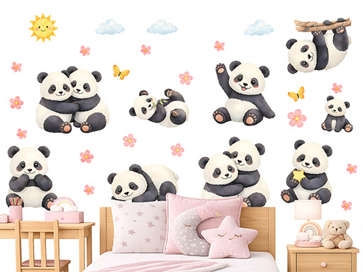 Pandy v zahradě samolepky na zeď, Pandy v zahradě nálepky na zeď pro děti, Pandy v zahradě dětské dekorace na zeď, Pandy v zahradě samolepící nálepky na zeď