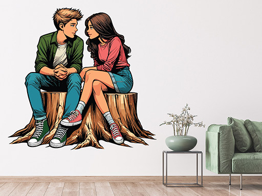 Pár na pařezu samolepky na zeď, Pár na pařezu nálepky na stěnu, Pár na pařezu dekorace na zdi, Pár na pařezu tapety na zdi