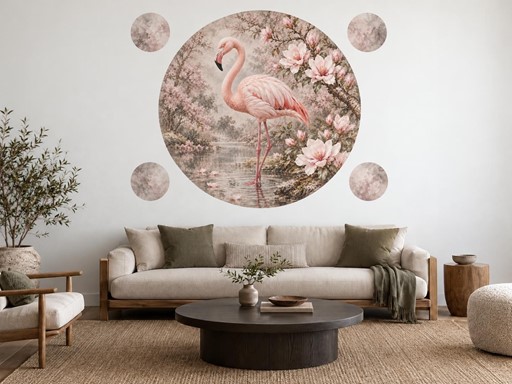 Plameňák mezi magnoliemi samolepky na zeď, Plameňák mezi magnoliemi tapety na zeď, Plameňák mezi magnoliemi dekorace na zeď, Plameňák mezi magnoliemi nálepky na zeď
