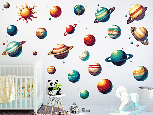 Planety a planetky samolepky na zeď, Planety a planetky nálepky na zeď pro děti, Planety a planetky dětské dekorace na zeď, Planety a planetky samolepící nálepky na zeď