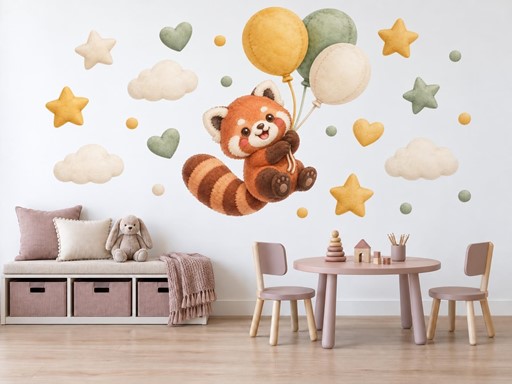Plyšová červená panda s balónky samolepky na zeď, Plyšová červená panda s balónky tapety na zeď, Plyšová červená panda s balónky dekorace na zeď, Plyšová červená panda s balónky nálepky na zeď