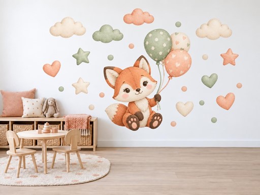 Plyšová lištička s balonky samolepky na zeď, Plyšová lištička s balonky tapety na zeď, Plyšová lištička s balonky dekorace na zeď, Plyšová lištička s balonky nálepky na zeď