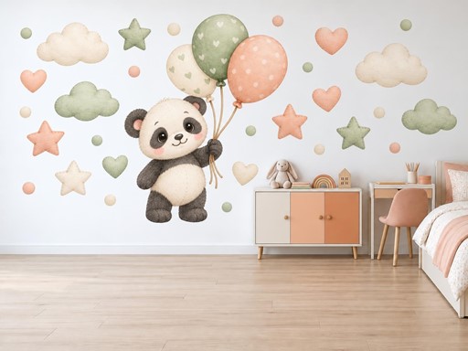 Plyšová panda s balónky samolepky na zeď, Plyšová panda s balónky tapety na zeď, Plyšová panda s balónky dekorace na zeď, Plyšová panda s balónky nálepky na zeď