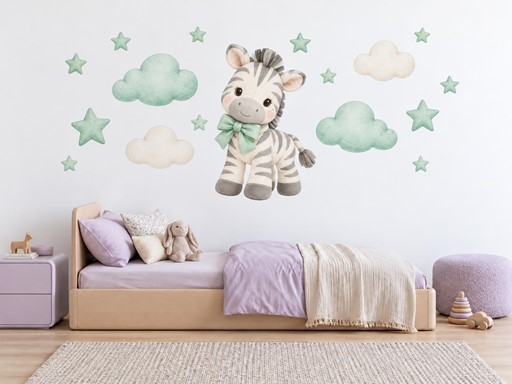 Plyšová zebra s mašlí samolepky na zeď, Plyšová zebra s mašlí tapety na zeď, Plyšová zebra s mašlí dekorace na zeď, Plyšová zebra s mašlí nálepky na zeď