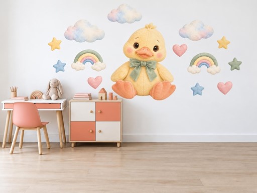 Plyšové kachňátko s duhou samolepky na zeď, Plyšové kachňátko s duhou tapety na zeď, Plyšové kachňátko s duhou dekorace na zeď, Plyšové kachňátko s duhou nálepky na zeď