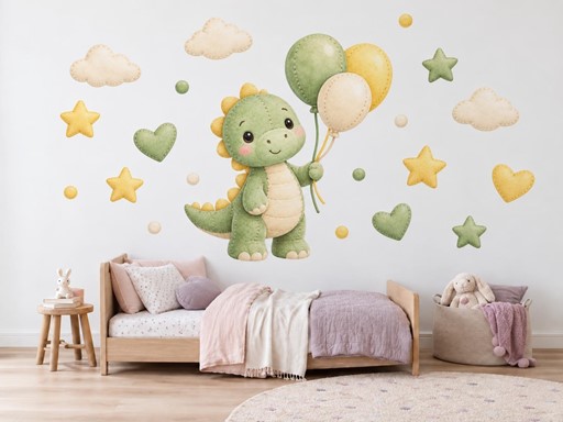 Plyšový dinosaurek s balónky samolepky na zeď, Plyšový dinosaurek s balónky tapety na zeď, Plyšový dinosaurek s balónky dekorace na zeď, Plyšový dinosaurek s balónky nálepky na zeď
