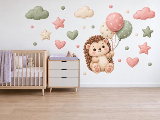 Plyšový ježeček s balónky samolepky na zeď, Plyšový ježeček s balónky tapety na zeď, Plyšový ježeček s balónky dekorace na zeď, Plyšový ježeček s balónky nálepky na zeď