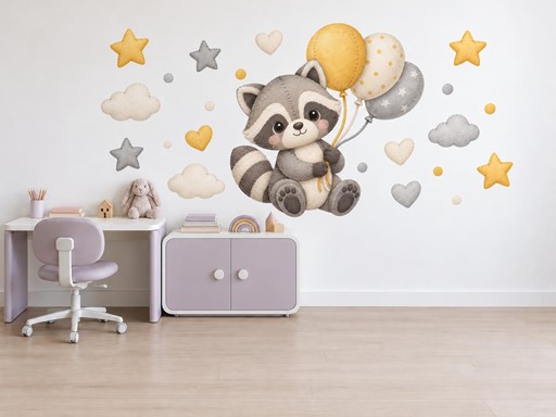 Plyšový mýval s balonky samolepky na zeď, Plyšový mýval s balonky tapety na zeď, Plyšový mýval s balonky dekorace na zeď, Plyšový mýval s balonky nálepky na zeď