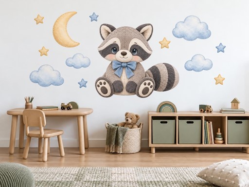 Plyšový mýval s měsíčkem samolepky na zeď, Plyšový mýval s měsíčkem tapety na zeď, Plyšový mýval s měsíčkem dekorace na zeď, Plyšový mýval s měsíčkem nálepky na zeď