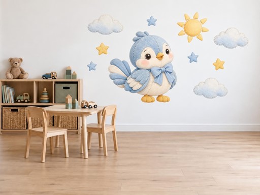 Plyšový ptáček se sluníčkem samolepky na zeď, Plyšový ptáček se sluníčkem tapety na zeď, Plyšový ptáček se sluníčkem dekorace na zeď, Plyšový ptáček se sluníčkem nálepky na zeď