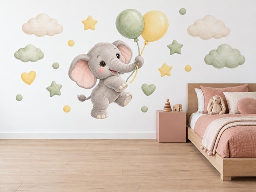 Plyšový sloník s balónky samolepky na zeď, Plyšový sloník s balónky tapety na zeď, Plyšový sloník s balónky dekorace na zeď, Plyšový sloník s balónky nálepky na zeď