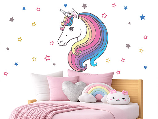 Pohádkový jednorožec samolepky na zeď, Pohádkový jednorožec do dětského pokoje samolepky na zeď, Pohádkový jednorožec nálepky na zeď, Pohádkový jednorožec pro děti dekorace na zeď, Pohádkový jednorožec samolepící nálepky na zeď