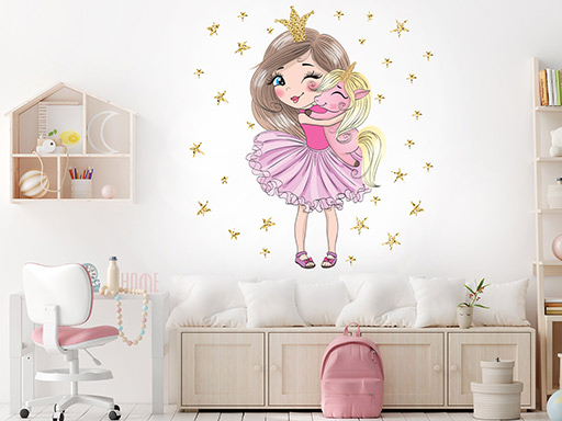 Princezna a jednorožec samolepka na zeď, Princezna a jednorožec nálepka na zeď, Princezna a jednorožec dětská dekorace na zeď, Princezna a jednorožec samolepící nálepka na zeď, Princezna a jednorožec samolepka na zeď pro děti