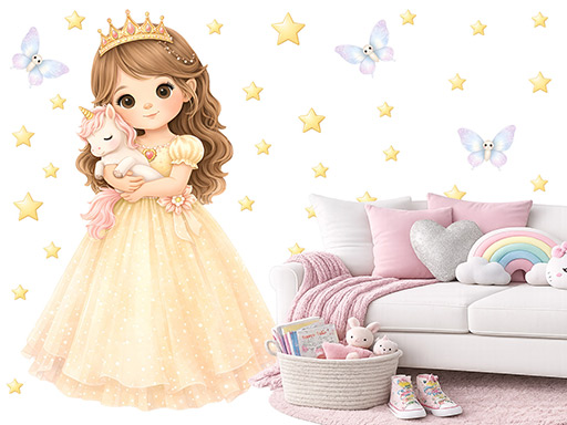 Princezna a jednorožec samolepka na zeď, Princezna a jednorožec nálepka na zeď, Princezna a jednorožec dětská dekorace na zeď, Princezna a jednorožec samolepící nálepka na zeď, Princezna a jednorožec samolepka na zeď pro děti