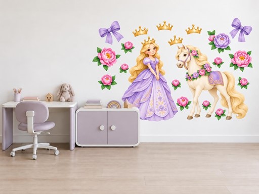 Princezna s bílým koníkem samolepky na zeď, Princezna s bílým koníkem tapety na zeď, Princezna s bílým koníkem dekorace na zeď, Princezna s bílým koníkem nálepky na zeď