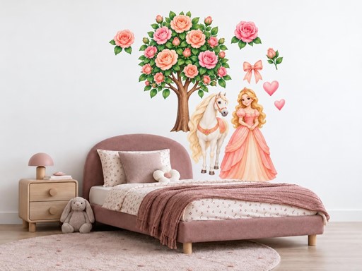 Princezna s koníkem pod růžemi samolepky na zeď, Princezna s koníkem pod růžemi tapety na zeď, Princezna s koníkem pod růžemi dekorace na zeď, Princezna s koníkem pod růžemi nálepky na zeď