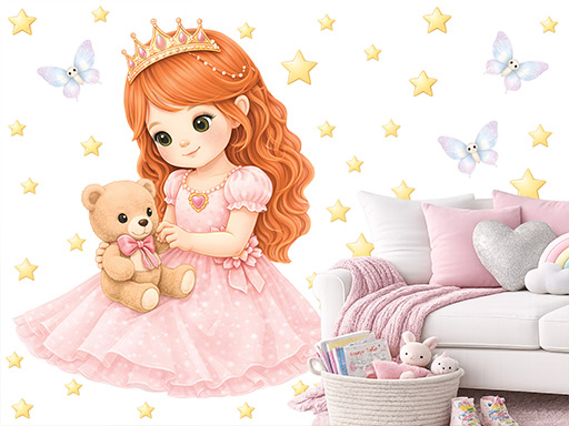 Princezna s medvídkem samolepky na zeď, Princezna s medvídkem nálepky na zeď pro děti, Princezna s medvídkem dětské dekorace na zeď, Princezna s medvídkem samolepící nálepky na zeď