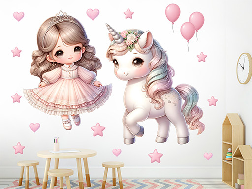 Princeznička s jednorožcem samolepky na zeď, Princeznička s jednorožcem do dětského pokoje samolepky na zeď, Princeznička s jednorožcem nálepky na zeď, Princeznička s jednorožcem pro děti dekorace na zeď, Princeznička s jednorožcem samolepící nálepky na zeď