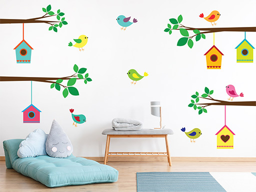 Ptáci a budky samolepky na zeď, Ptáci a budky nálepky na stěnu, Ptáci a budky dekorace na zdi, Ptáci a budky tapety na zdi