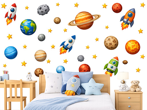Rakety a planetky samolepky na zeď, Rakety a planetky nálepky na zeď pro děti, Rakety a planetky dětské dekorace na zeď, Rakety a planetky samolepící nálepky na zeď