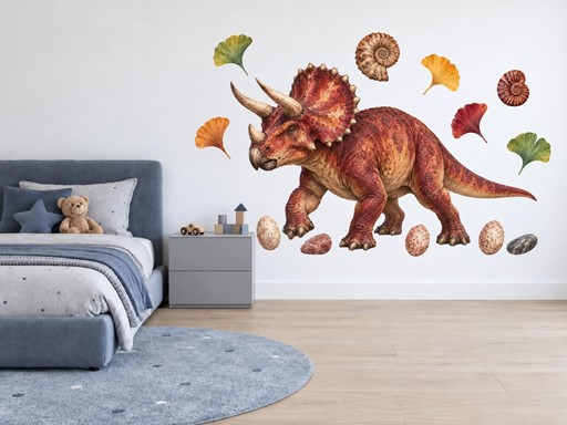Realistický červený triceratops samolepky na zeď, Realistický červený triceratops tapety na zeď, Realistický červený triceratops dekorace na zeď, Realistický červený triceratops nálepky na zeď