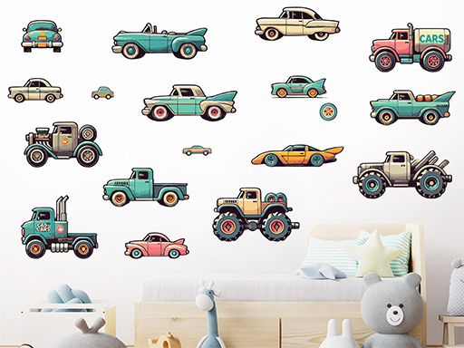 Retro autíčka samolepka na zeď, Retro autíčka nálepky na zeď, Retro autíčka dekorace na stěnu, Retro autíčka samolepící dekor na stěny, Retro autíčka samolepící tapety na zeď