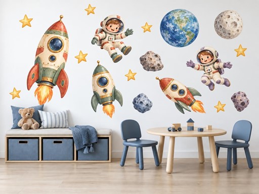 Retro rakety a malí kosmonauti samolepky na zeď, Retro rakety a malí kosmonauti tapety na zeď, Retro rakety a malí kosmonauti dekorace na zeď, Retro rakety a malí kosmonauti nálepky na zeď
