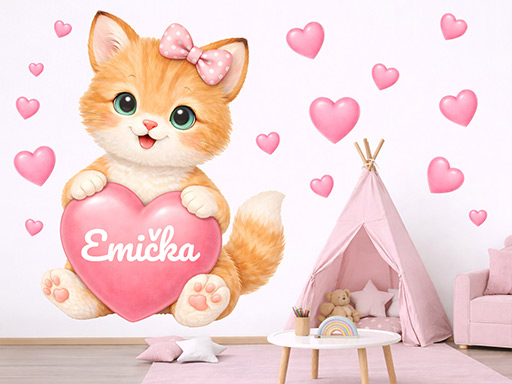 Rezavé koťátko se srdíčkem a jménem dekorace na zeď samolepky na zeď, Rezavá kočička se srdíčkem a jménem dekorace na zeď, Rezavé kotě se srdíčkem a jménem samolepící dekorace na zdi, Rezavá kočka se srdíčkem a jménem dekorace na zeď nálepky na stěnu