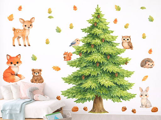 Roztomilá zvířata a strom samolepky na zeď, Roztomilá zvířata a strom nálepky na zeď pro děti, Roztomilá zvířata a strom dětské dekorace na zeď, Roztomilá zvířata a strom samolepící nálepky na zeď