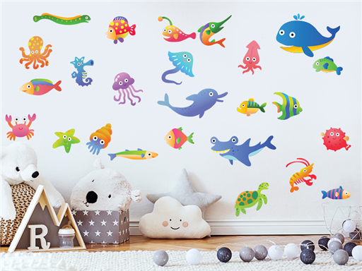 Roztomilé barevné rybičky samolepky na zeď, Roztomilé barevné rybičky do dětského pokoje samolepky na zeď, Roztomilé barevné rybičky nálepky na zeď, Roztomilé barevné rybičky pro děti dekorace na zeď, Roztomilé barevné rybičky samolepící nálepky na zeď