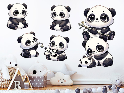 Roztomilé pandy samolepky na zeď, Roztomilé pandy nálepky na zeď, Roztomilé pandy dekorace na zeď, Roztomilé pandy samolepící nálepky na zeď