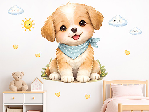 Roztomilé štěně samolepky na zeď, Roztomilé štěně nálepky na stěnu, Roztomilé štěně dekorace na zdi, Roztomilé štěně tapety na zdi